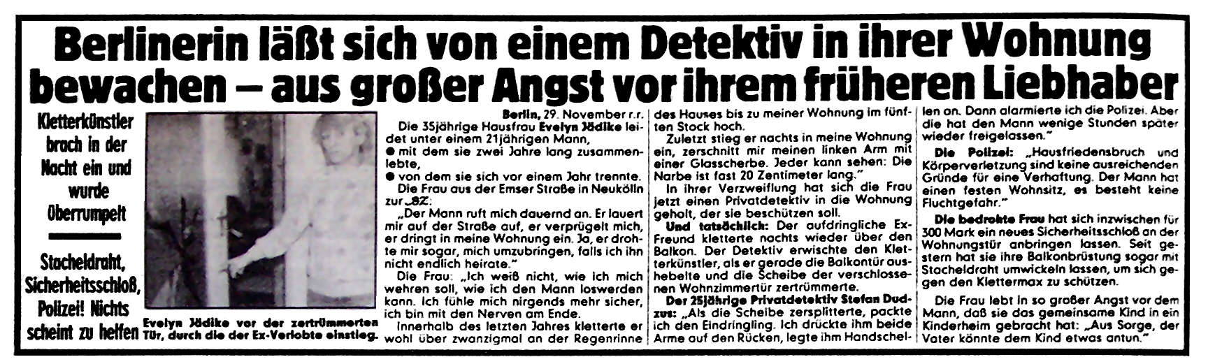 BZ-Zeitungsartikel 28 vom 29.11.1985: Gestalkte Berlinerin lässt sich von Detektiv beschützen