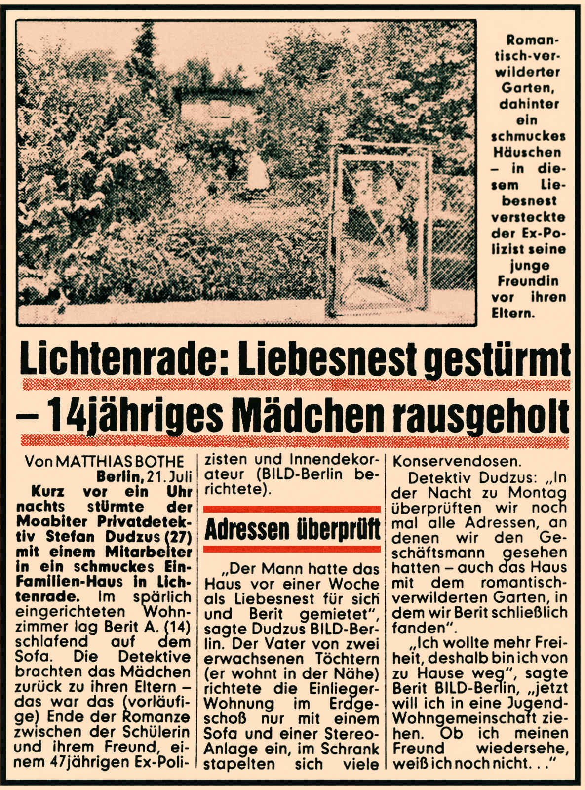 BILD-Zeitungartikel vom 21.07.1987 - Lichtenrade: Liebesnest gestürmt - 14jähriges Mädchen von Detektiv aus Tempelhof befreit