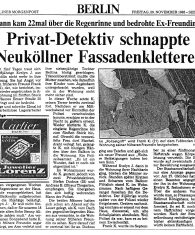 Original Zeitungsartikel Berliner Morgenpost Artikel vom 29.11.1985 Privatdetektiv schnappte Neuköllner Fassadenkletterer