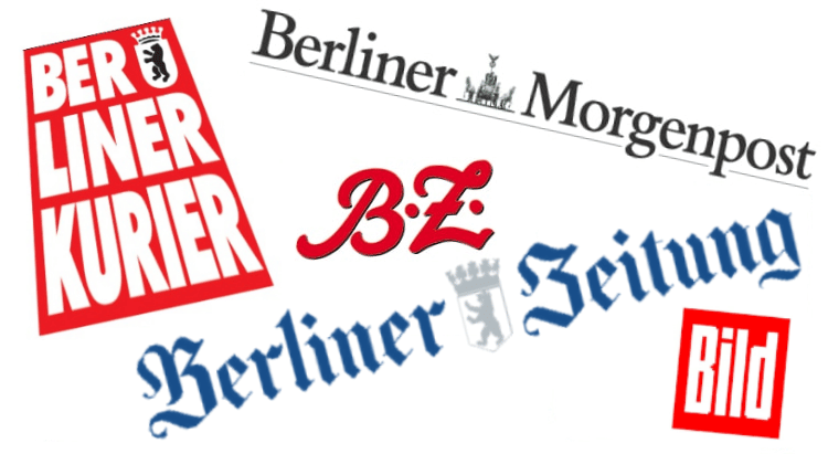 Logos der Zeitungen Berliner Kurier, Berliner Morgenpost, BZ, Berliner Zeitung und der Bild, die in der Vergangenheit übe die DD-Detektei Dudzus, Stefan Dudzus, berichtet haben.