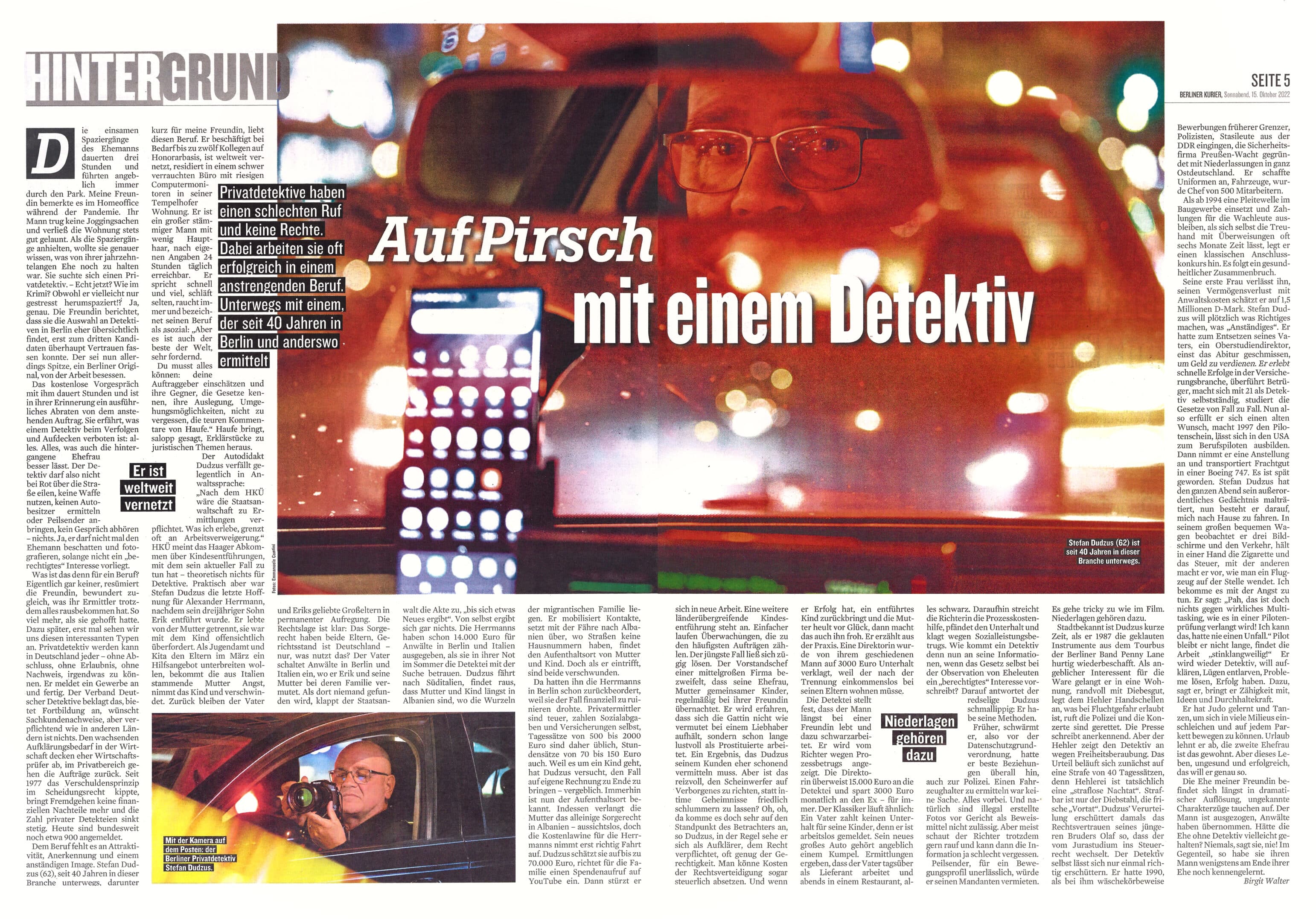 Innenseiten Berliner Kurier Seite 4 und Seite 5 Bericht über die Arbeit von Stefan Dudzus als Detektiv in Berlin
