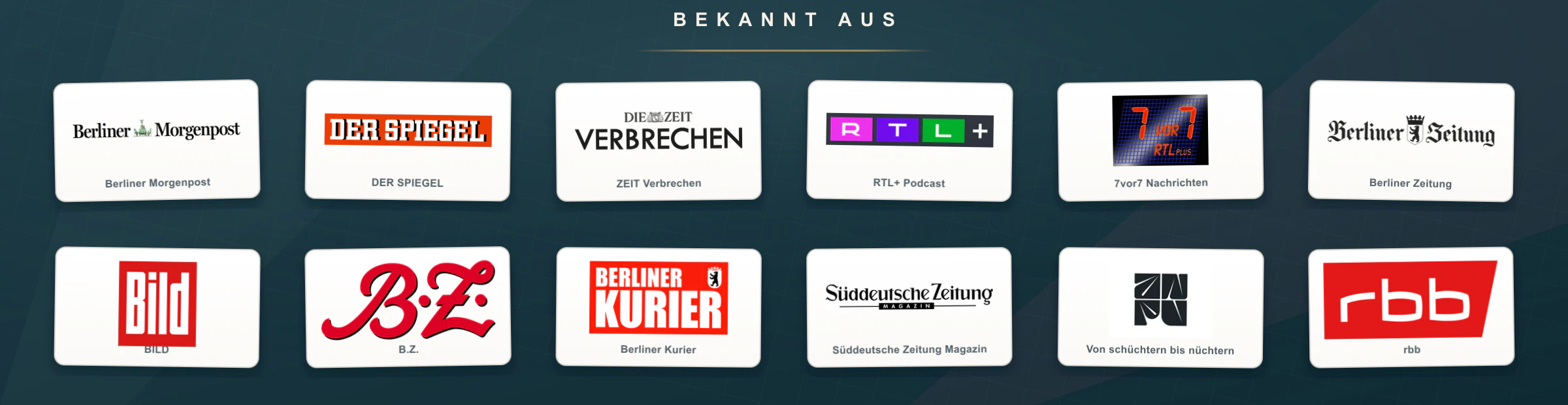 Medienlogos der Presse-, Fernseh- und Podcastbeiträge über Privatdetektiv Stefan Dudzus